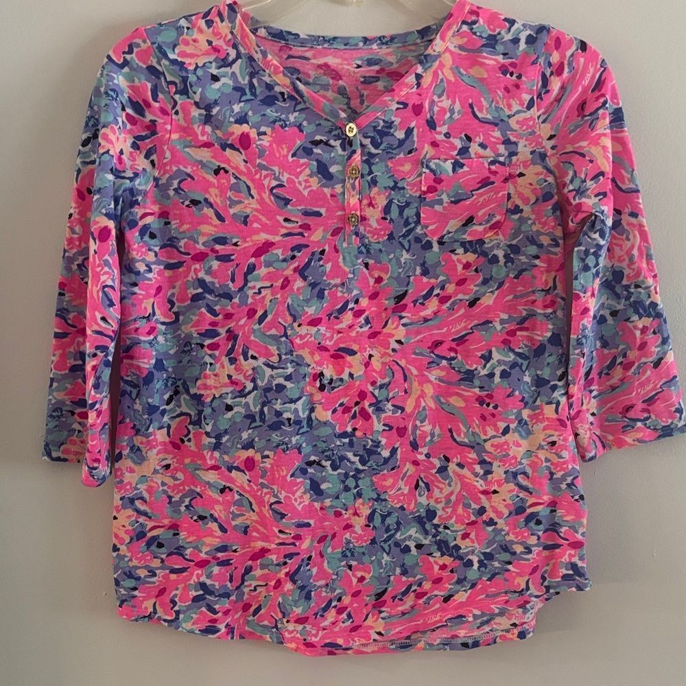 Lilly Pulitzer Alessia Pink & Blue 3/4 Sleeve Top XL